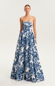 Milla Blue Floral Strapless Maxi Evening Gown with Corset Bodice