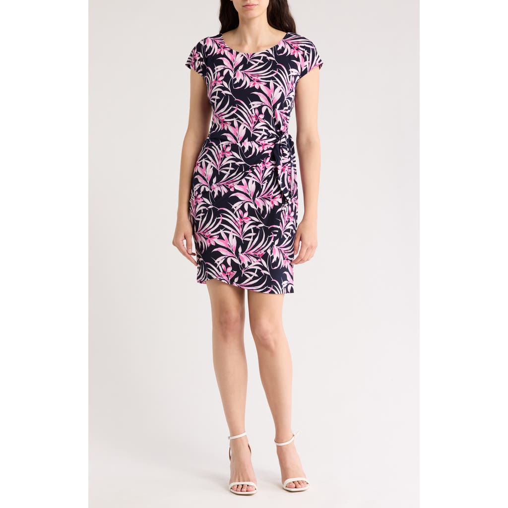 Connected Apparel Tie Waist Faux Wrap Dress In Navy Fuchsia