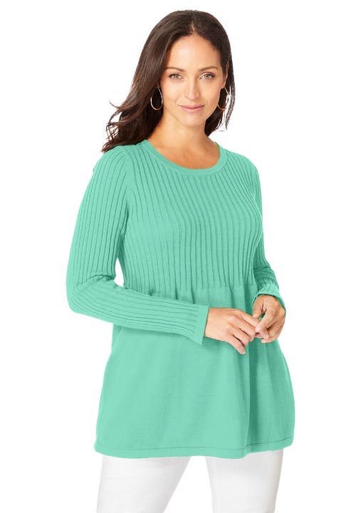 Jessica London Ribbed Baby Doll Tunic Sweater In Green