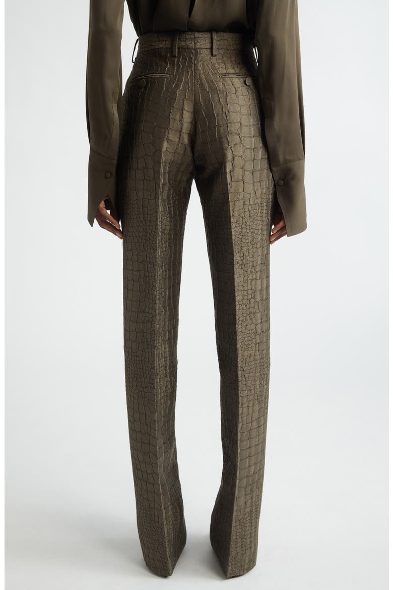 Crocodile Jacquard Linen & Silk Blend Straight Leg Pants, Alternate, color, OLIVE GREEN