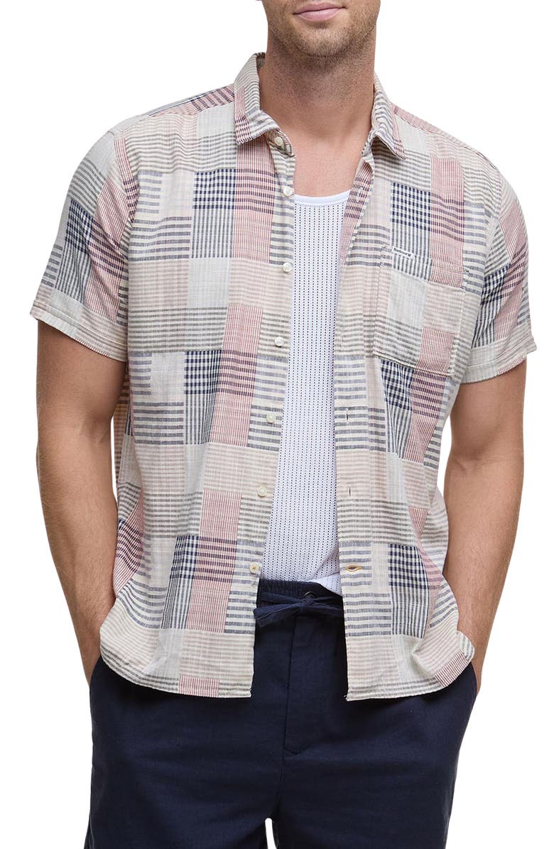 Barbour Oakshore Patchwork Print Short Sleeve Slub Cotton Button-Up Shirt, Main, color, 