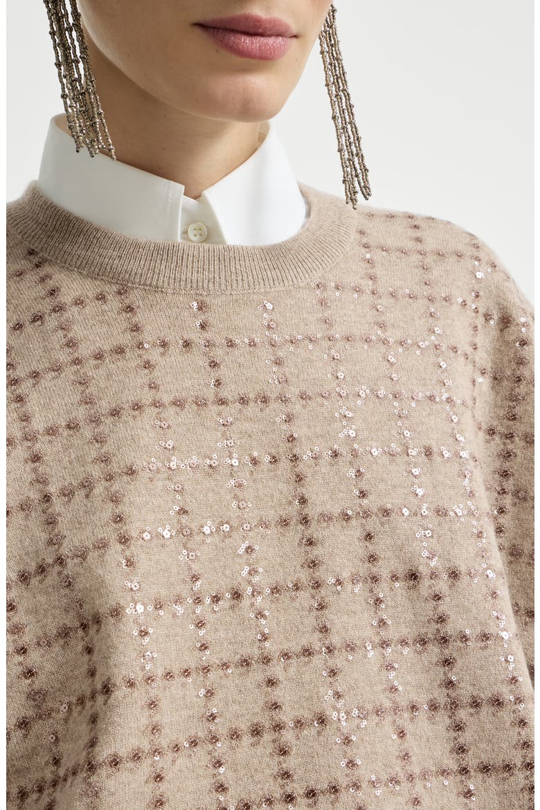Cashmere knit t-shirt with dazzling windowpane embroidery, Alternate, color, Beige