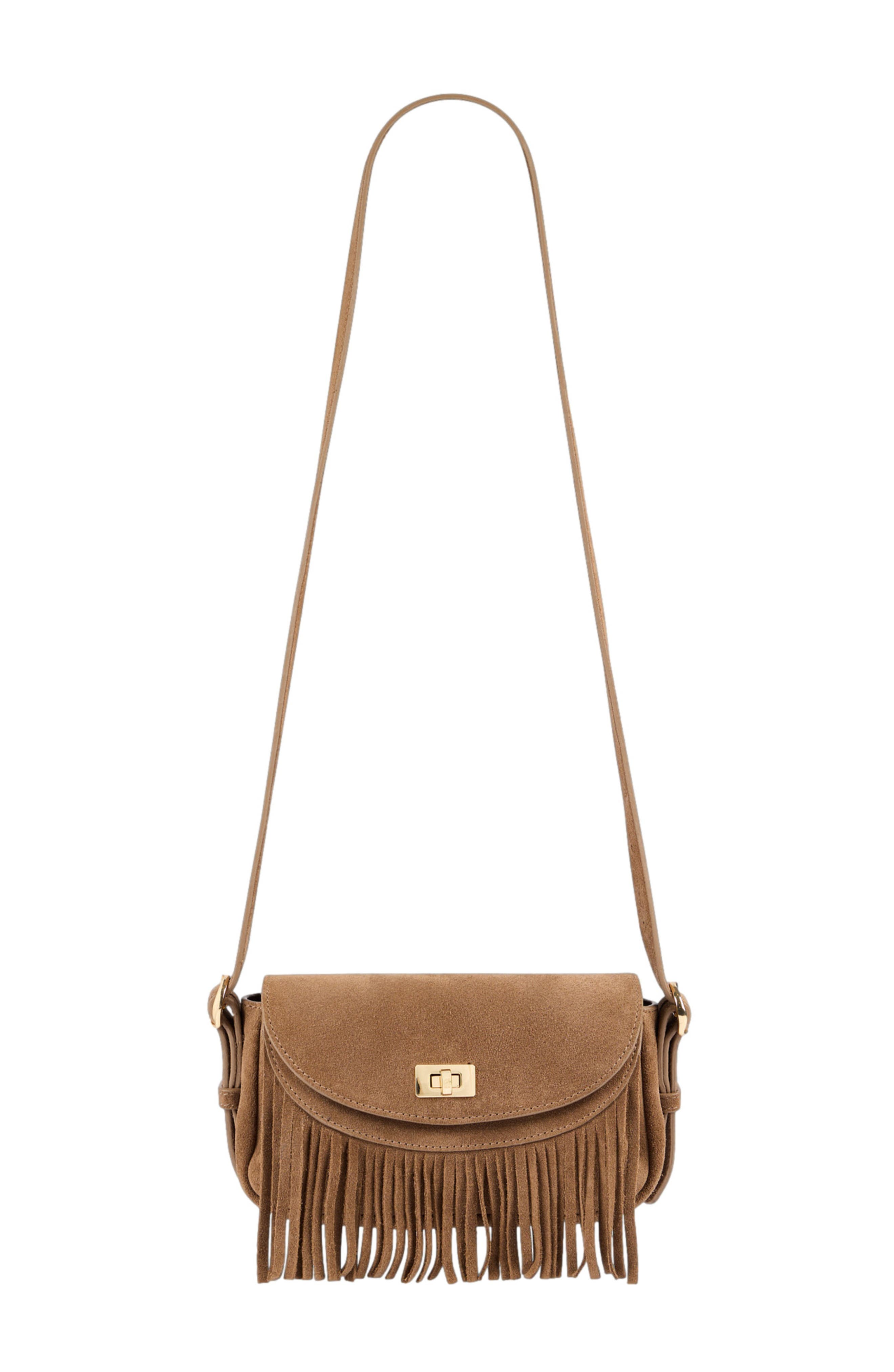 SANDRO Mini Mambo suede bag, Main, color, Caramel