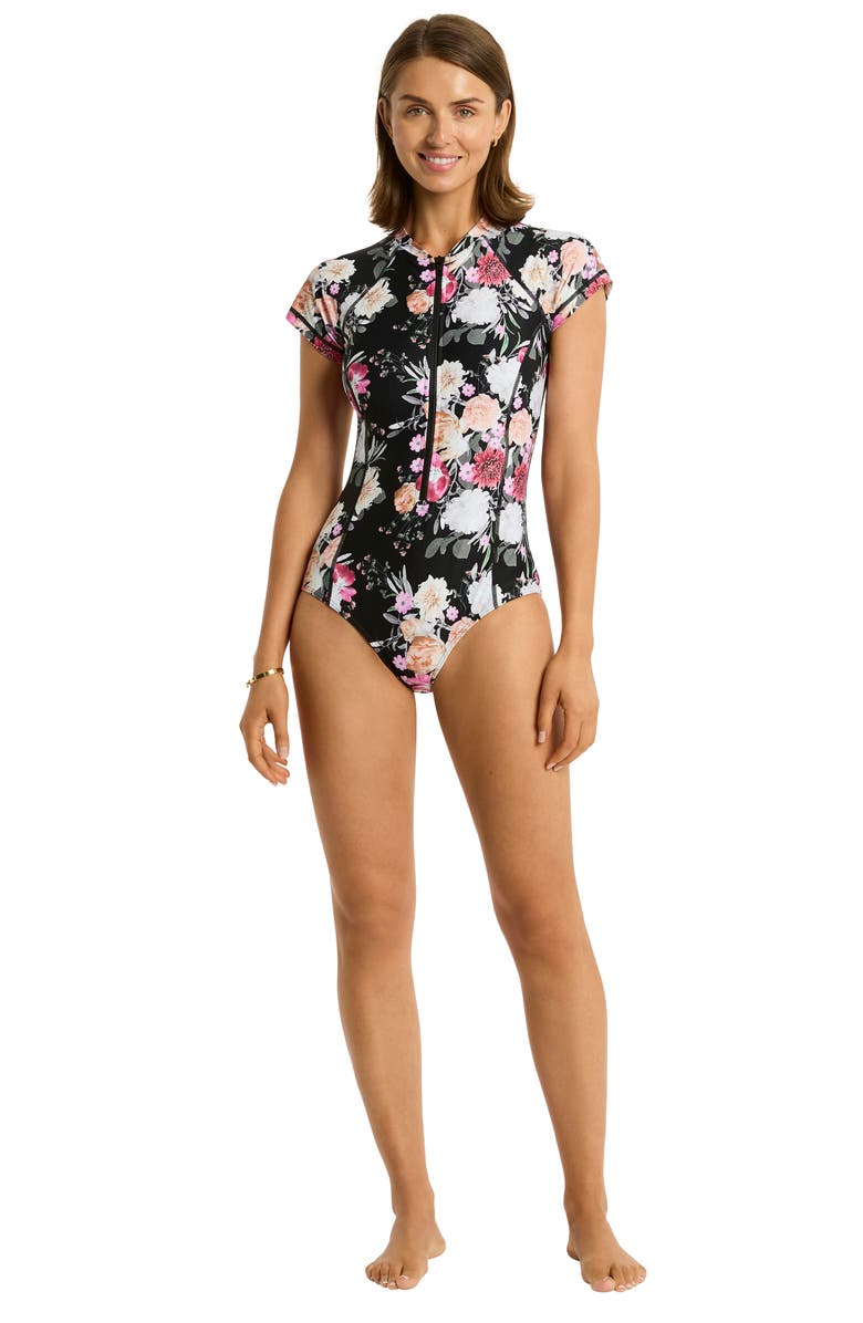 Sea Level Belle Short Sleeve Zip One-Piece Swimsuit, Alternate, color, 