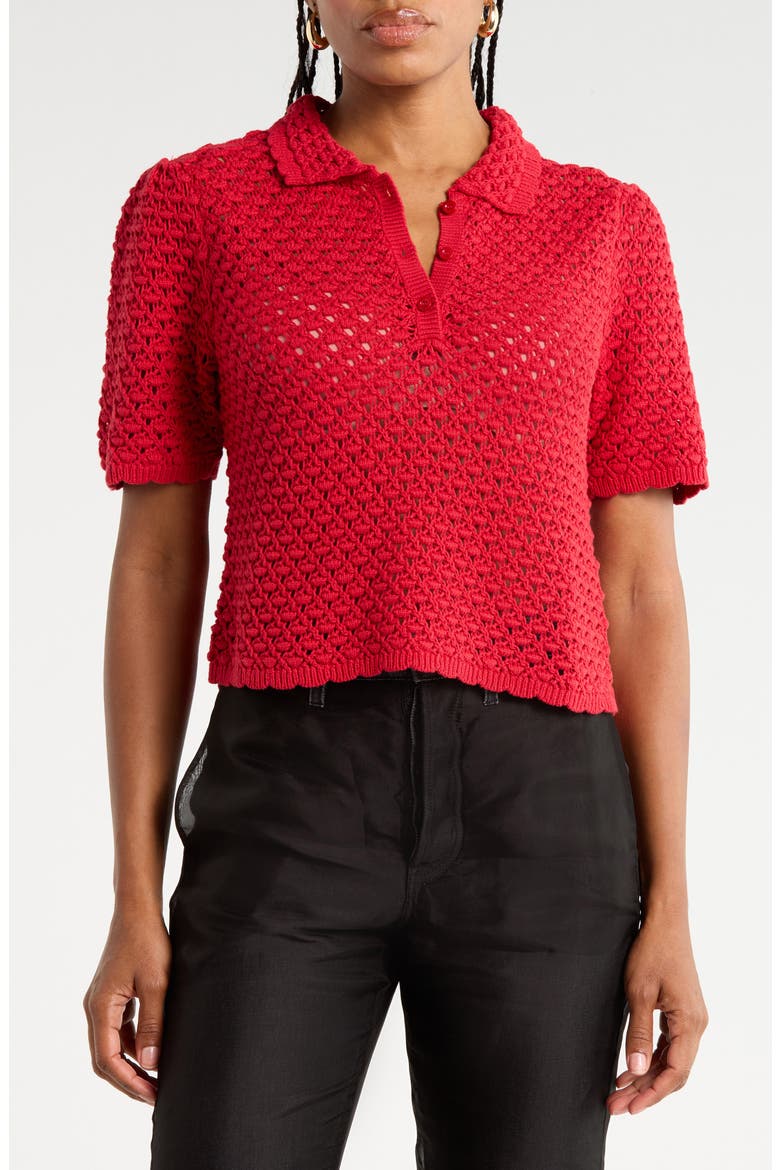 The Crochet Polo Sweater, Main, color, CHERRY RED