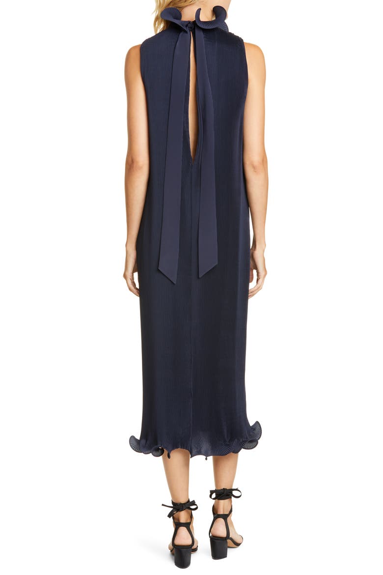 Ruffle Trim Pleated Midi Dress, Alternate, color, NAVY
