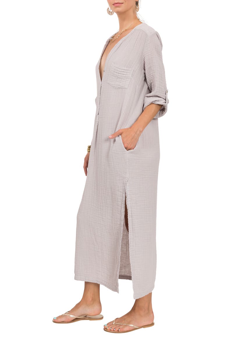 Button Front Cotton Gauze Caftan, Alternate, color, LT. GREY