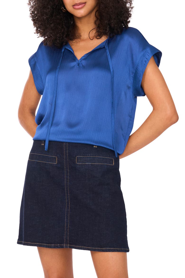 Textured Satin Short Sleeve Top, Main, color, BLUEBERRY
