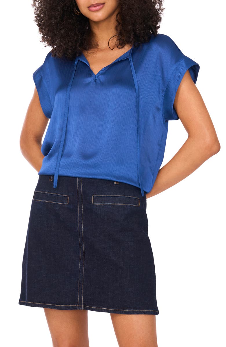 Vince Camuto Textured Satin Short Sleeve Top, Main, color, Blueberry