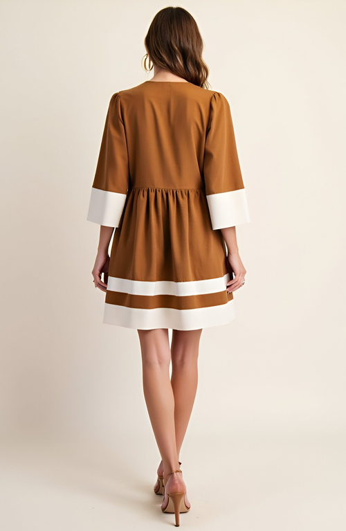 Modenaire Fit-and-flare Mini V-neck Cuffed-sleeve Contrast-trim Dress In Brown