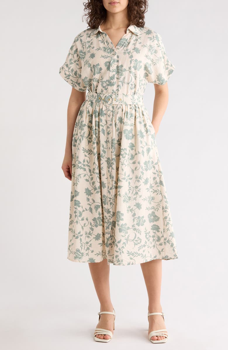 Lucky Brand Short Sleeve Belted Button-Up Shirtdress, Main, color, Sage Floral
