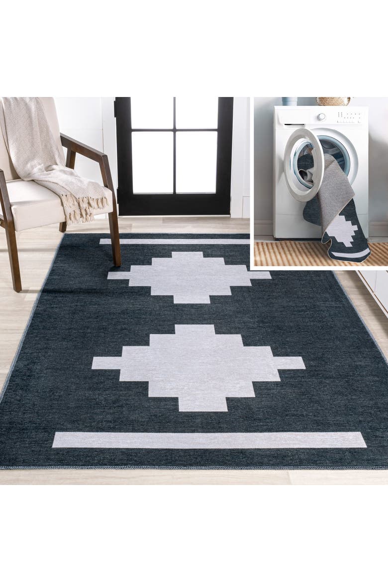 Adriel Geometric Medallion Machine-Washable Area Rug, Main, color, Navy/Light Gray