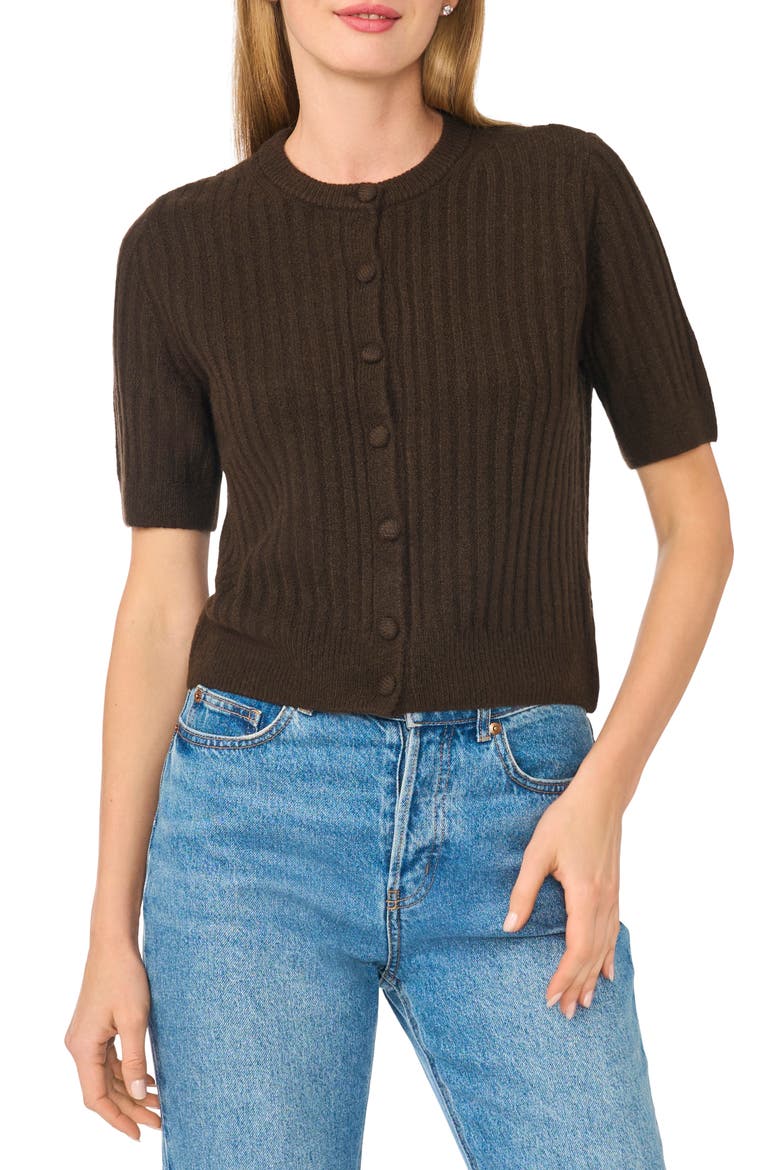 Short Sleeve Rib Cardigan, Main, color, CHOCOLATE