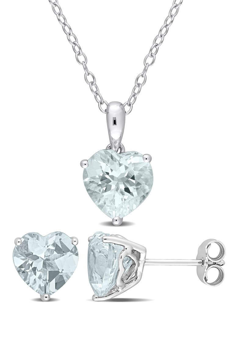 Sterling Silver Aquamarine Heart Stud Earrings & Necklace Set, Main, color, BLUE