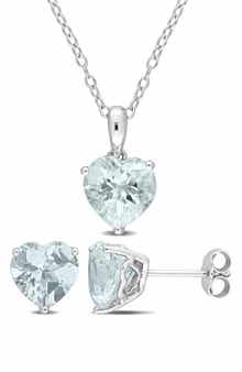 DELMAR Sterling Silver Aquamarine Heart Stud Earrings & Necklace Set