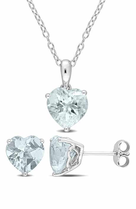 DELMAR Sterling Silver Aquamarine Heart Stud Earrings & Necklace Set