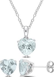 DELMAR Sterling Silver Aquamarine Heart Stud Earrings & Necklace Set