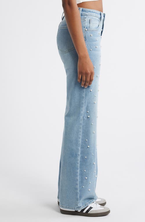 Ptcl High Waist Faux Pearl Flare Leg Jeans In Indigo