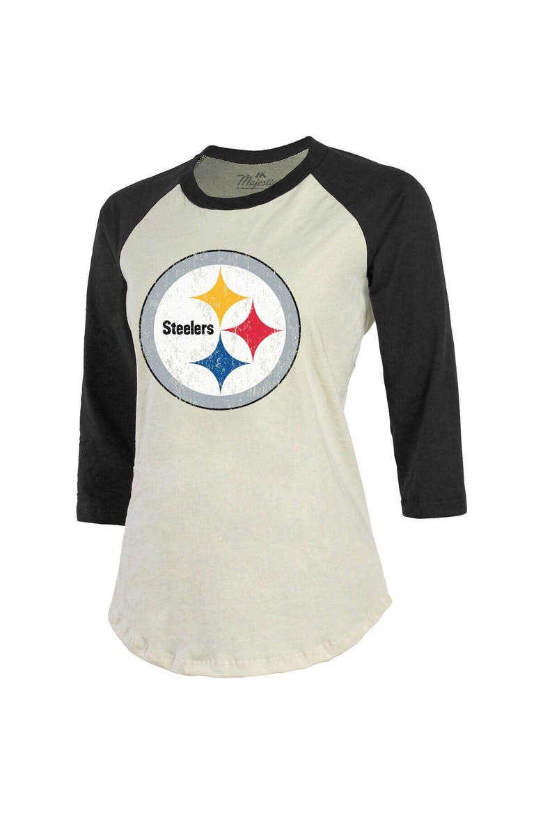 Women's Majestic Threads Najee Harris Cream/Black Pittsburgh Steelers Player Name & Number Raglan 3/4-Sleeve T-Shirt, Alternate, color, Cream