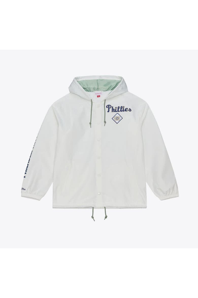 Men's Mitchell & Ness White Philadelphia Phillies Yacht Rock Coaches Full-Snap Hooded Windbreaker Jacket, Main, color, White