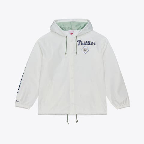 Men's Mitchell & Ness White Philadelphia Phillies Yacht Rock Coaches Full-Snap Hooded Windbreaker Jacket