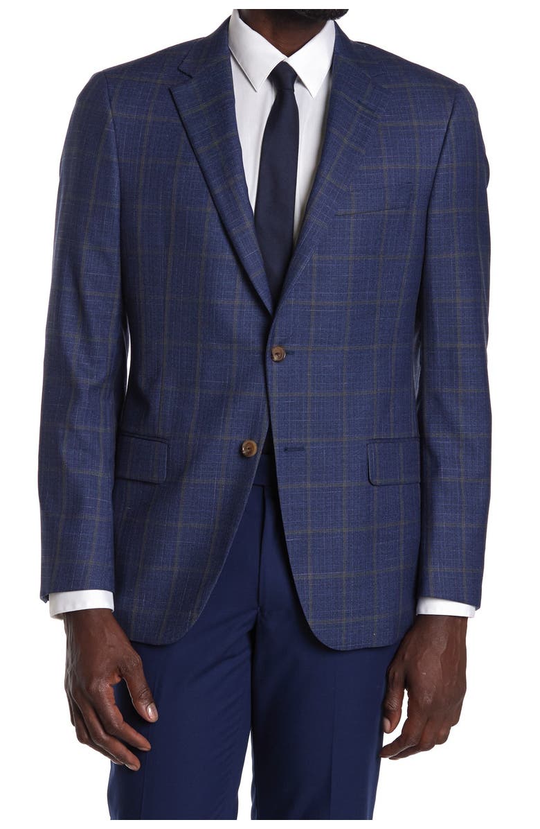 Hickey Freeman Blue Plaid Two Button Notch Lapel Blazer, Main, color, 