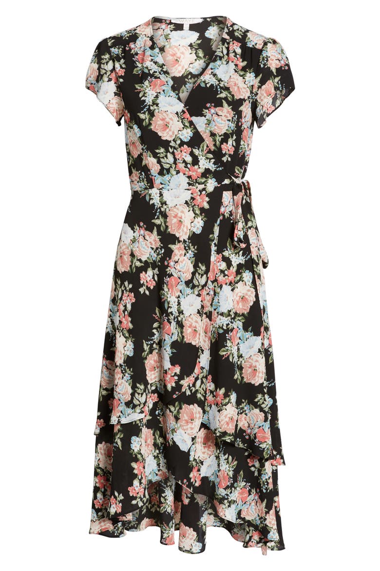 Oleander Wrap Midi Dress, Alternate, color, BLACK BOUQUET