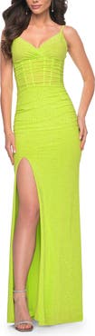 La Femme Neon Net Jersey Rhinestone Prom Dress with Corset Waist