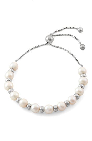 Fzn Sterling Silver Pearl Beaded Slider Bracelet In White