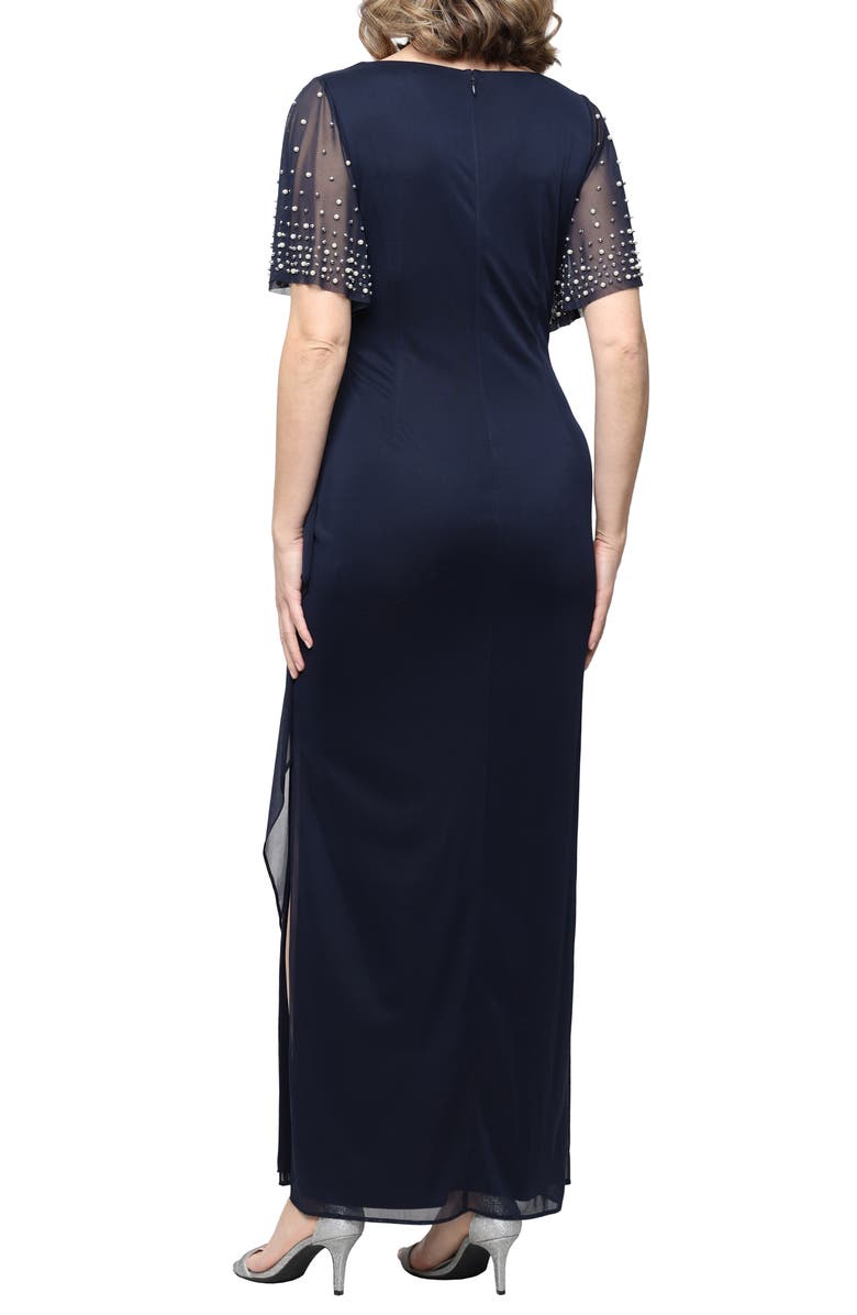 Alex Evenings Imitation Pearl & Rhinestone Embellished Empire Waist Gown, Alternate, color, Navy
