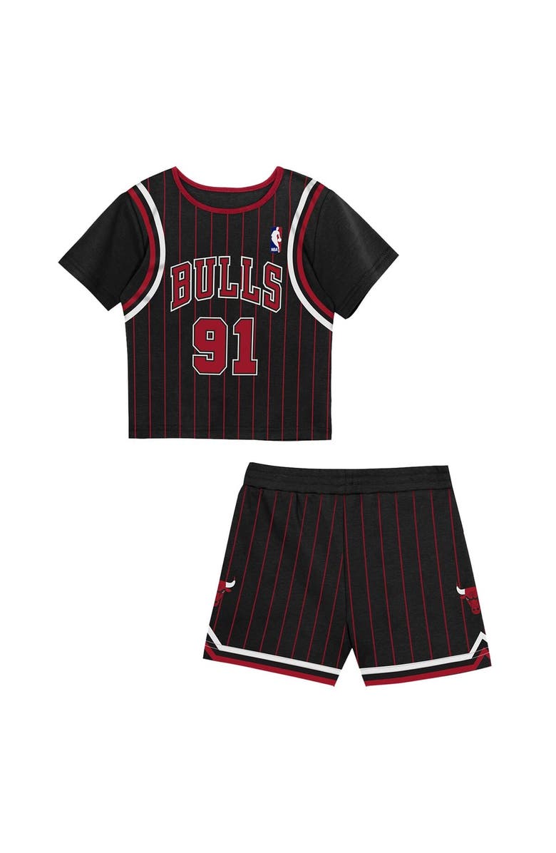 Mitchell & Ness Toddler Mitchell & Ness Dennis Rodman Black Chicago Bulls 2-Piece Play by Place T-Shirt & Shorts Set, Main, color, Black