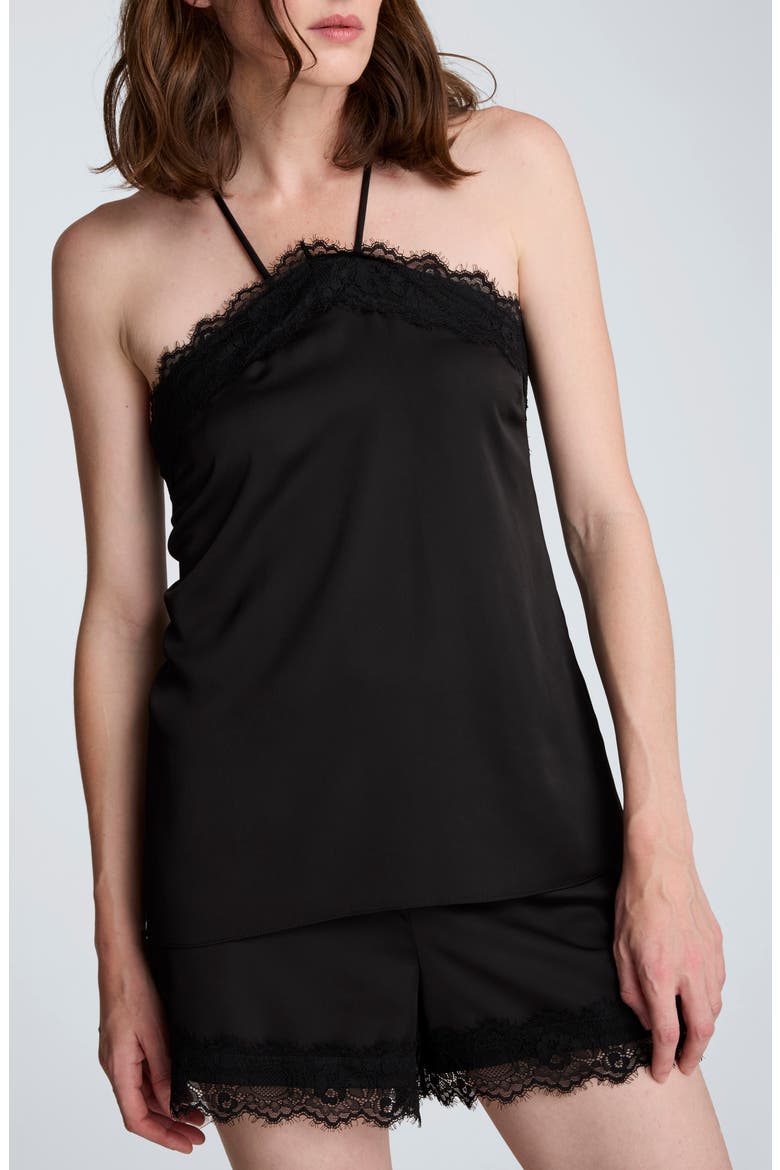 Eyelash Lace Trim Satin Top, Main, color, BLACK