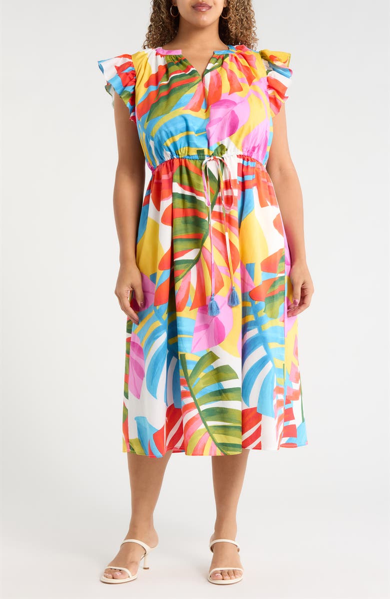 SUGARLIPS Breezy Palms Tiarna Flutter Sleeve Tie Waist Midi Dress, Main, color, White Red Green