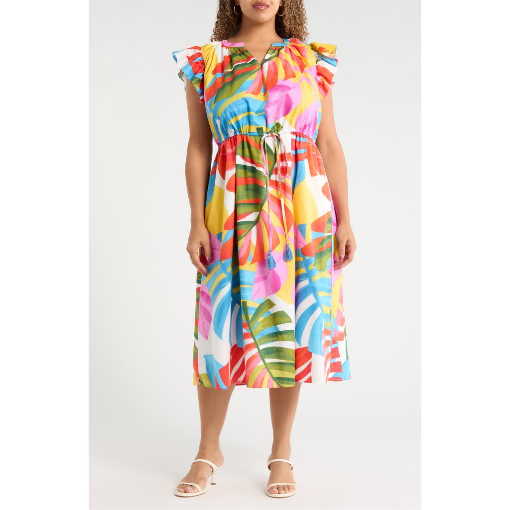 Sugarlips Breezy Palms Tiarna Flutter Sleeve Tie Waist Midi Dress In Multi