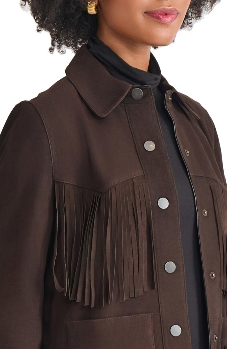 Jones New York Fringe Detail Suede Shirt Jacket, Alternate, color, Coffee Bean