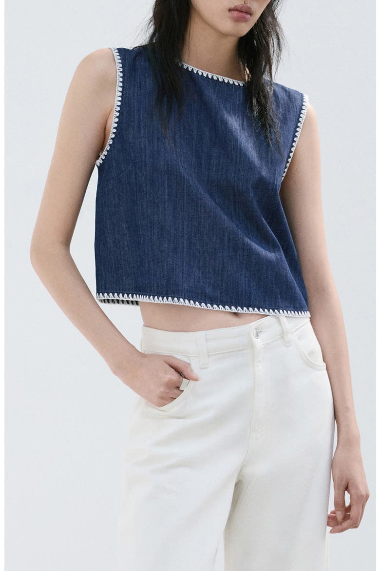 Whipstitch Detail Denim Tank, Main, color, OPEN BLUE