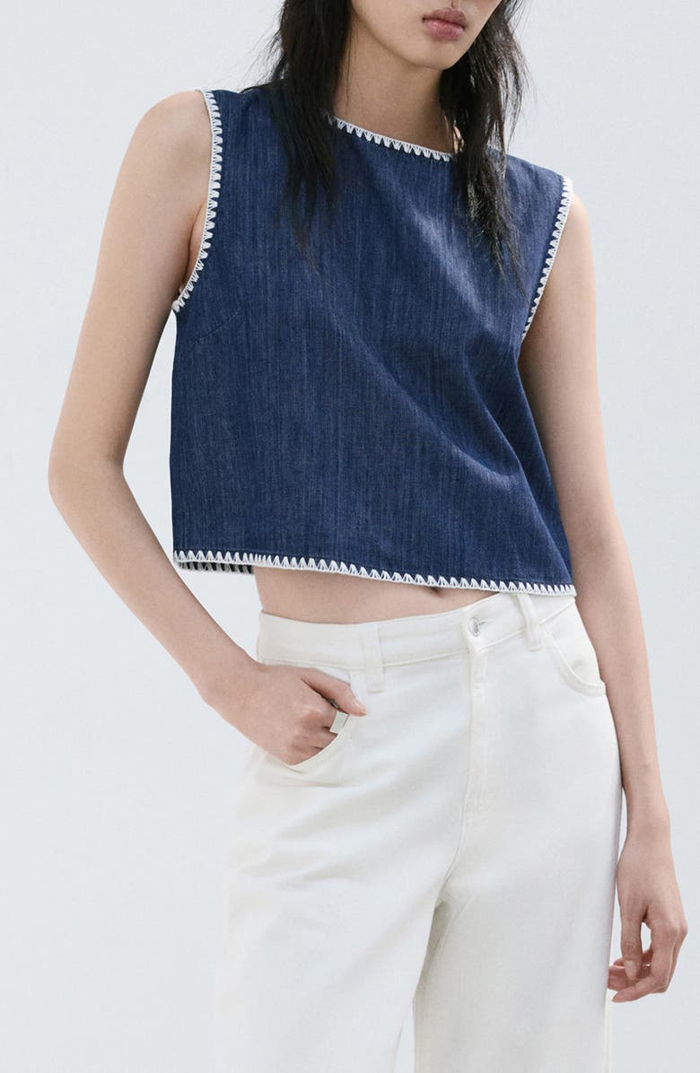 MANGO Whipstitch Detail Denim Tank, Main, color, Open Blue