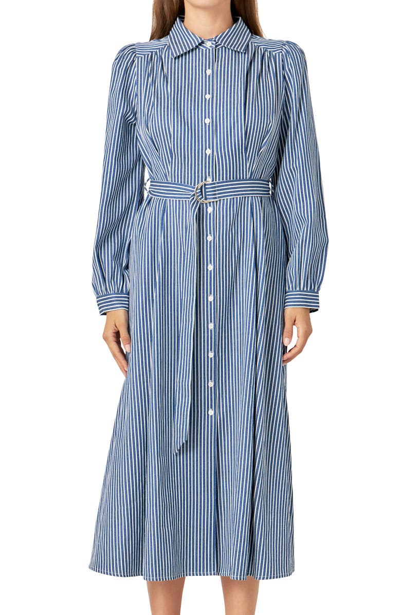 English Factory Stripe Long Sleeve Midi Shirtdress, Alternate, color, Navy