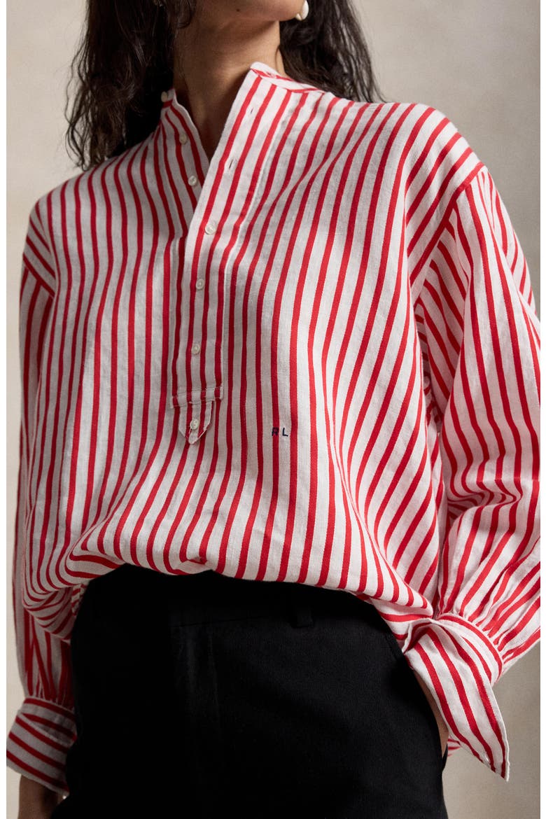 Stripe Linen & Cotton Button-Up Shirt, Alternate, color, WHITE-RED