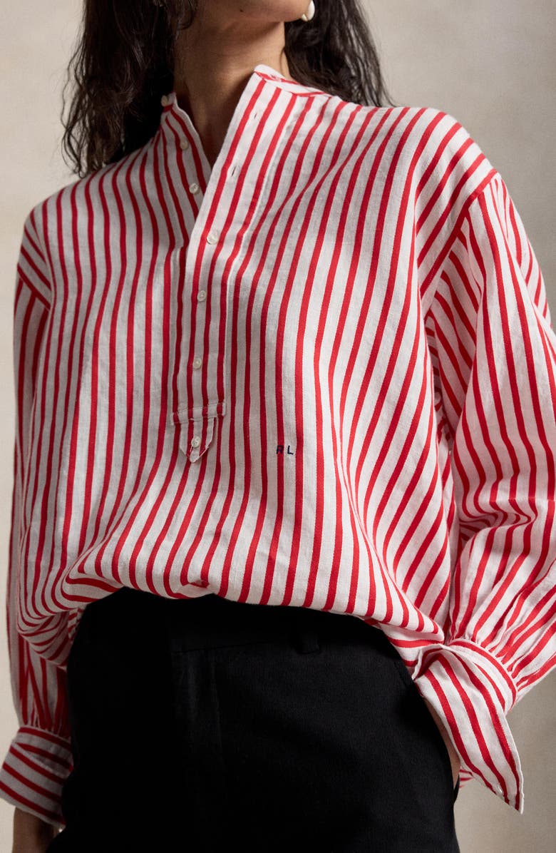 Polo Ralph Lauren Stripe Linen & Cotton Button-Up Shirt, Alternate, color, White-Red