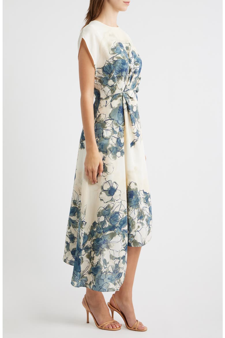 Placed Floral Cap Sleeve Asymmetric Hem Midi Dress, Alternate, color, IVORY/ BLUE