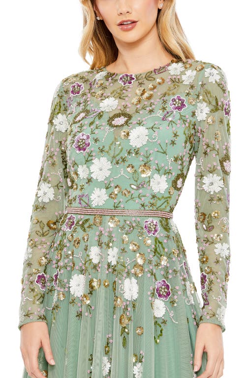 Mac Duggal Sequined Floral Long Sleeve High Neck Midi Dress In Sage Multi