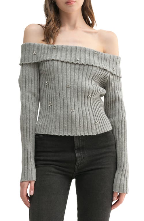 All in Favor Rhinestone Off the Shoulder Rib Sweater in Grey 