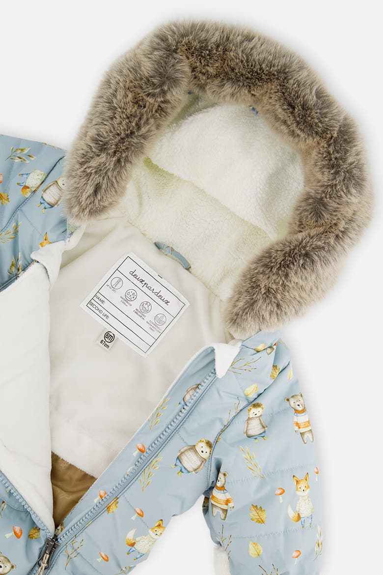 Woodland Creatures One Piece Footie Romper & Neckwarmer Snowsuit, Alternate, color, Blue Animal Print