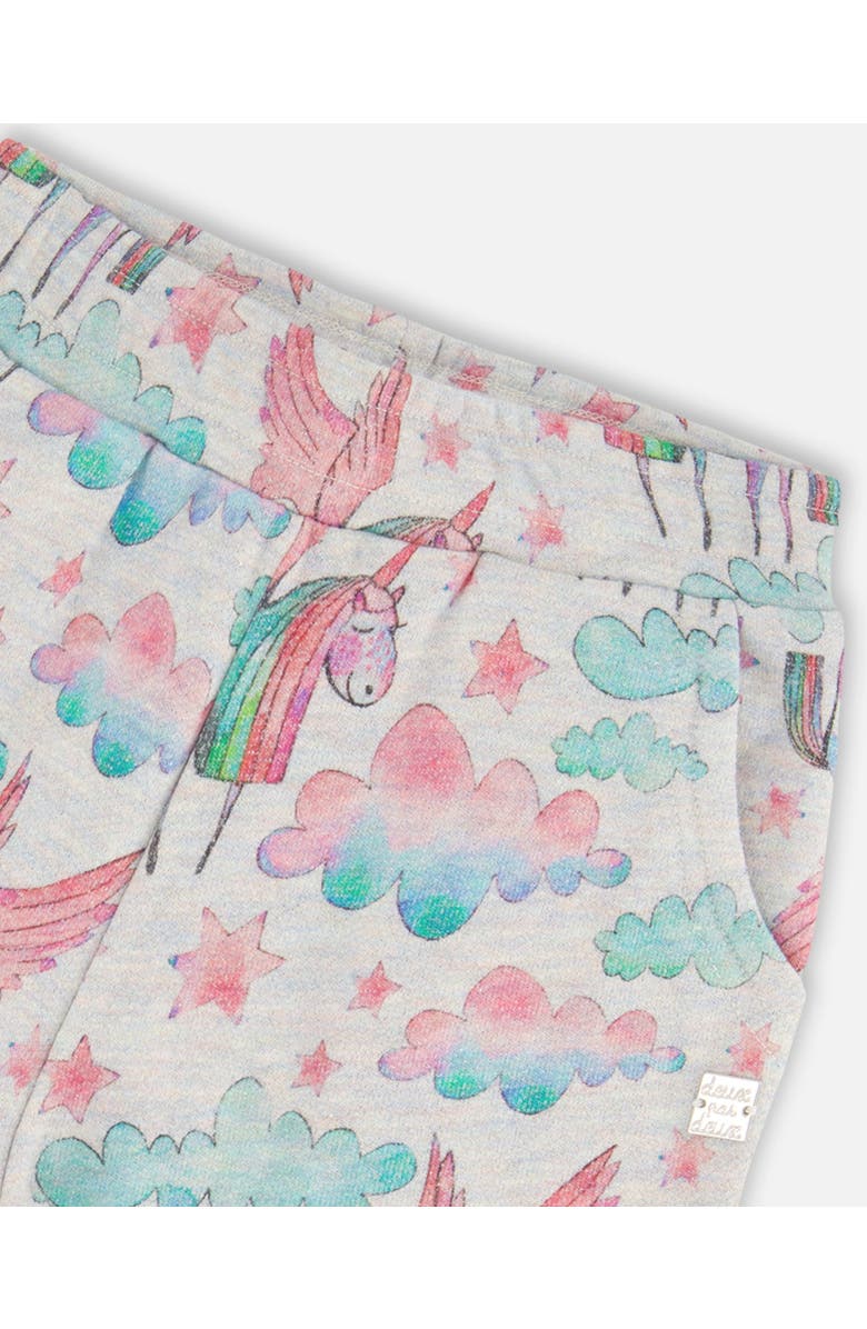 Deux par Deux Girl's Shiny French Terry Sweatpants Gray Mix Printed Unicorn, Alternate, color, 