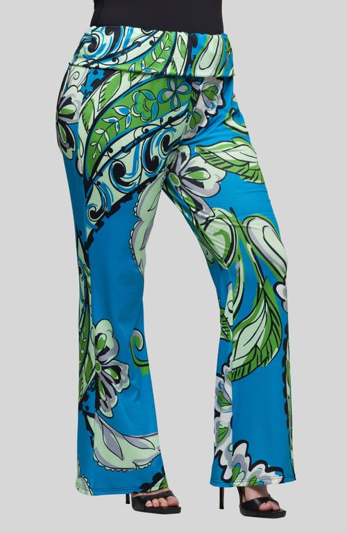 Shop 24seven Comfort Apparel Paisley Print Foldover Waist Pants In Blue Multi