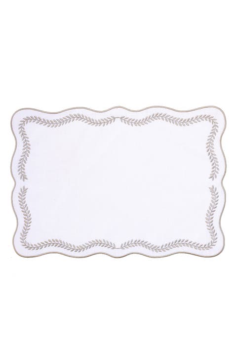 Tessuti Set of 4 Rectangular White Linen Placemats with Grey Ivy Embroidery