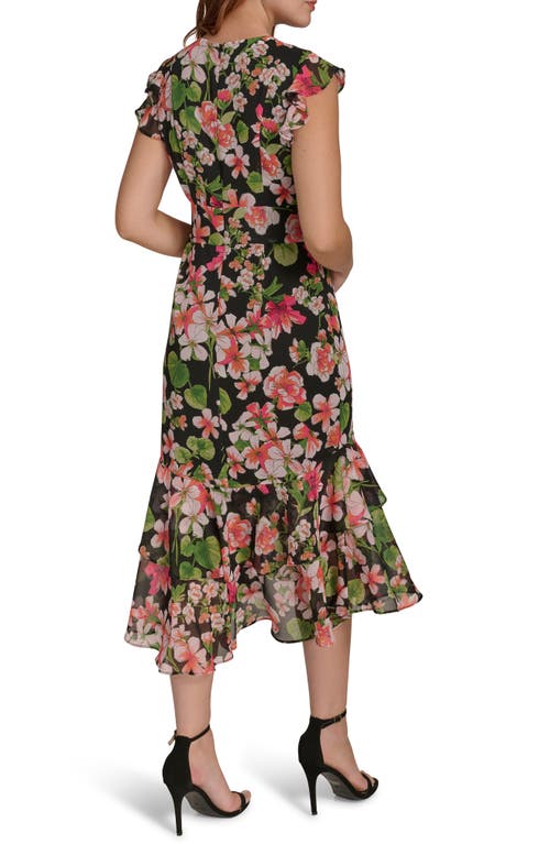 TOMMY HILFIGER TOMMY HILFIGER FLUTTER SLEEVE FLORAL CHIFFON MIDI DRESS