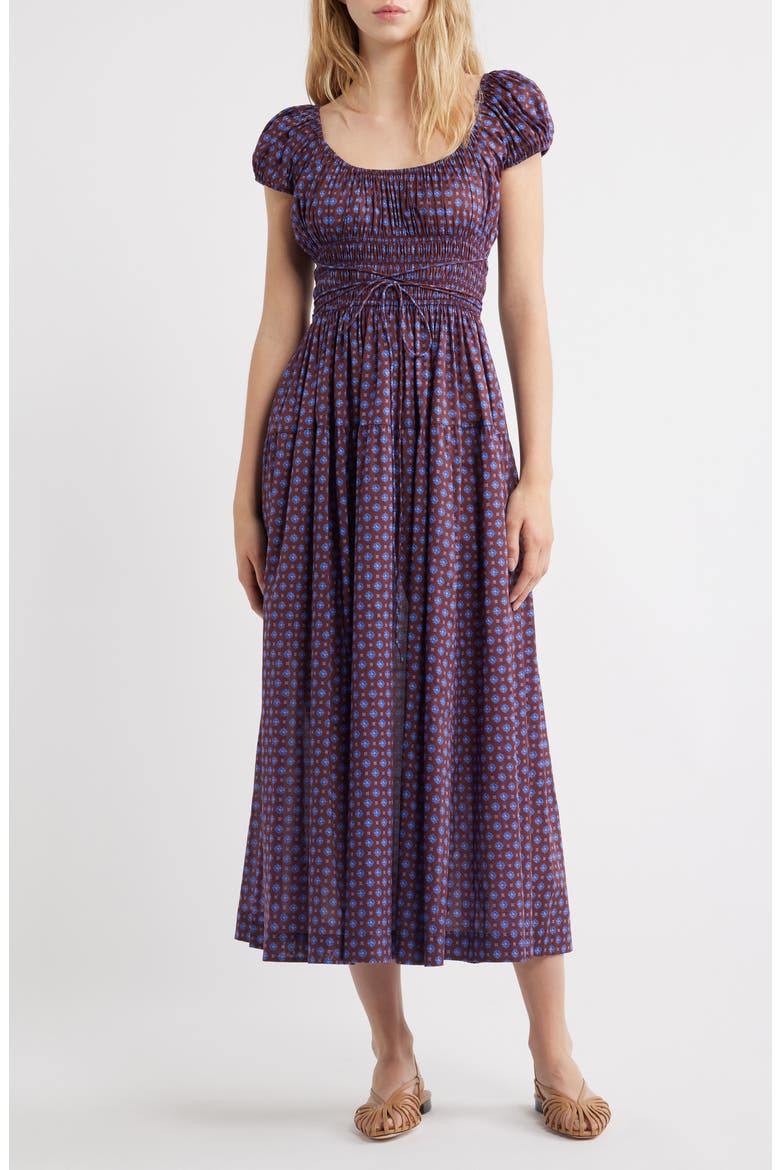 Quinelle Smocked Organic Cotton Midi Dress, Main, color, MENORCA FOULARD