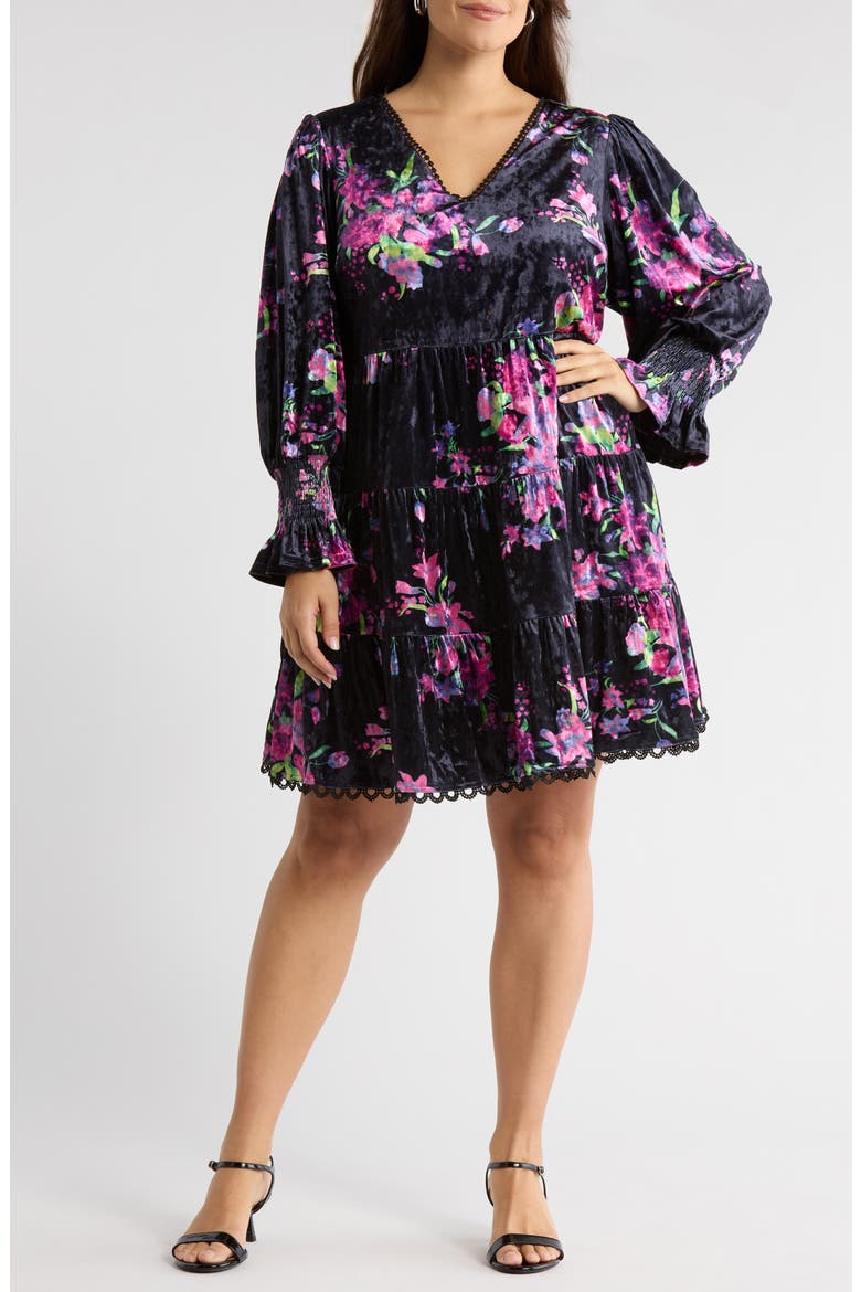 Tulda Amari Floral Long Sleeve Tiered Velvet Dress, Main, color, BLACK-MULTI